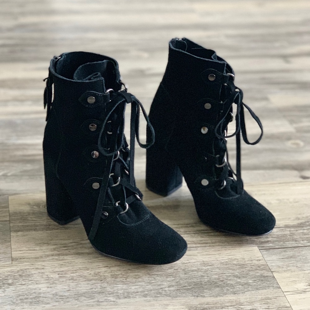Splendid Lace-up Suede Black Block Heel Booties